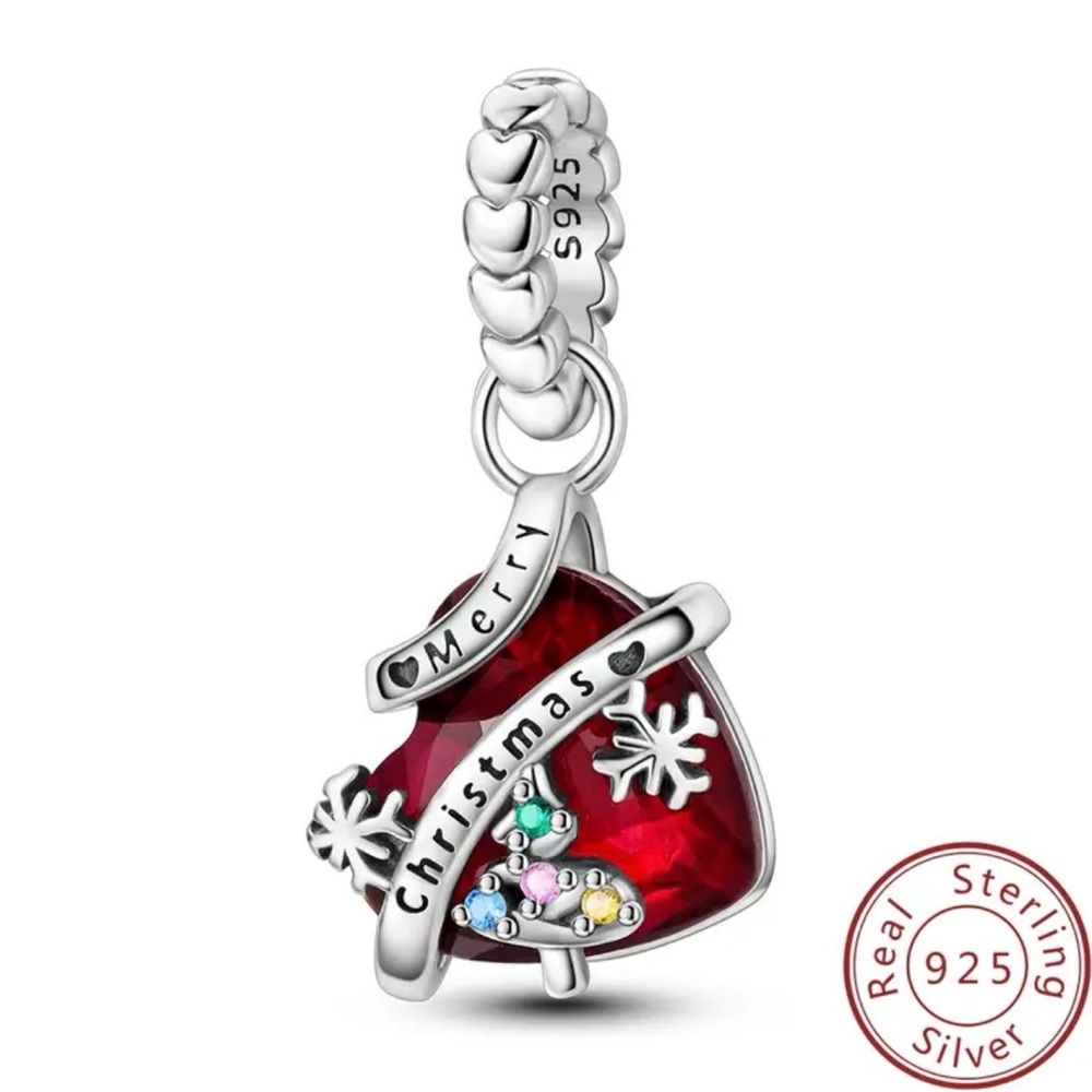 Red Heart 925 Sterling Silver with Merry Christmas Engraving on Charm Pendant